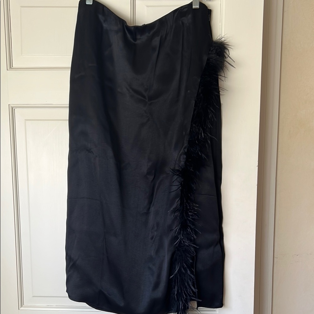 Black Feather-Trim Satin Midi Skirt
